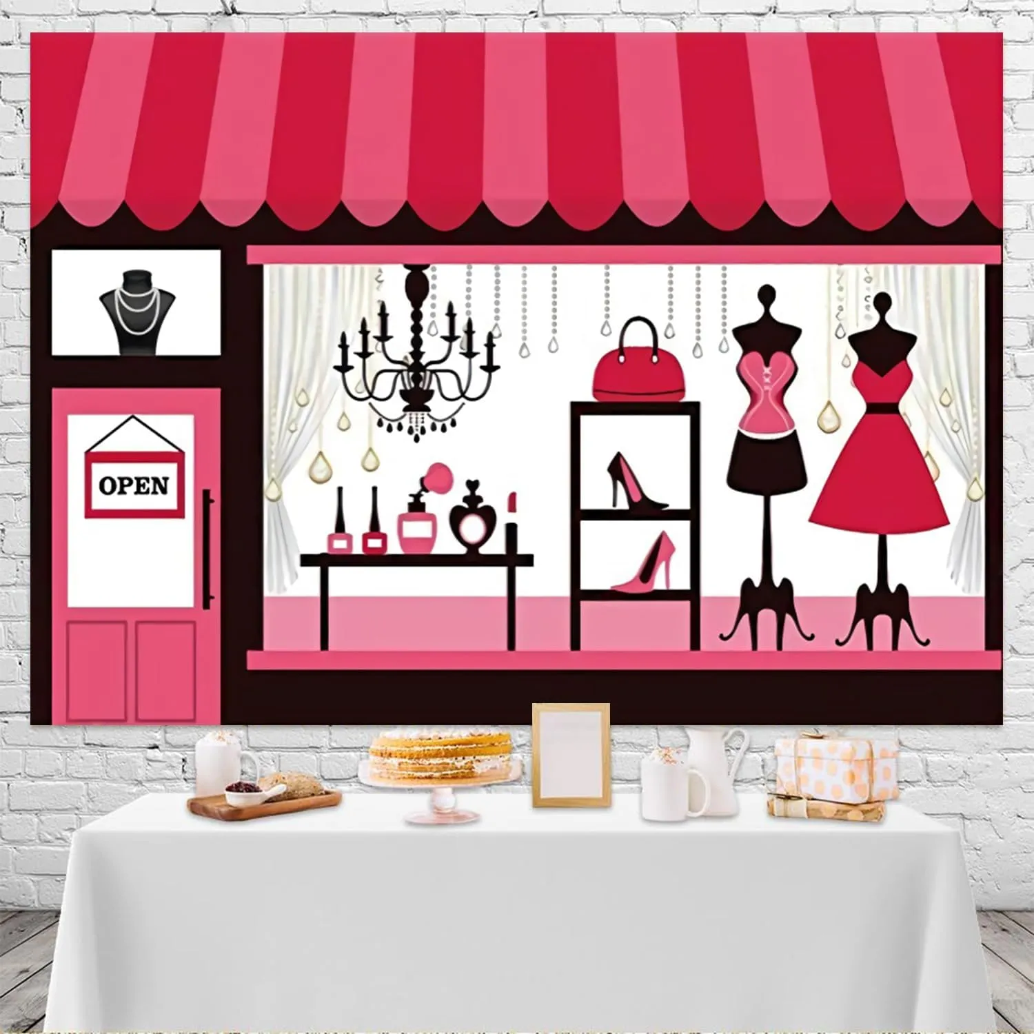 7x5ft Clothing Store Backdrop Girls Ladies Dress High Heels Chandelier Clothing Shop Window Showroom Photography Background Female Women Event Birthday Party Decoration Photo Props