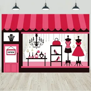 7x5ft Clothing Store Backdrop Girls Ladies Dress High Heels Chandelier Clothing Shop Window Showroom Photography Background Female Women Event Birthday Party Decoration Photo Props
