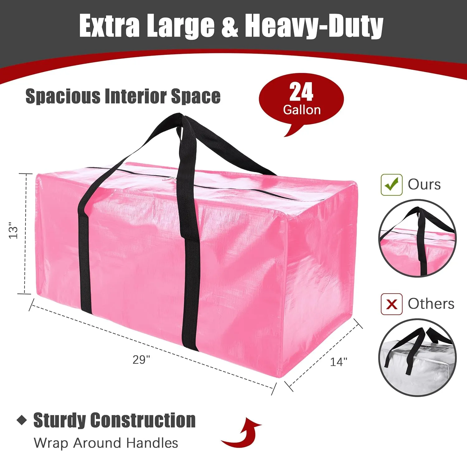 8 Pack Extra Large Moving Bags with Zippers & Carrying Handles, Heavy-Duty Storage Tote for Space Saving Moving Storage, Fold Flat, Alternative to Box and Bin,Pink