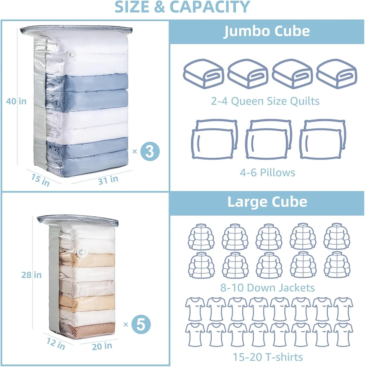 8 Pack Vacuum Storage Bags, Cube Combo (3 Jumbo 5 Medium), Vacuum Seal Bags for Clothing, Bedding, Blanket, Space Saving Closet Organization