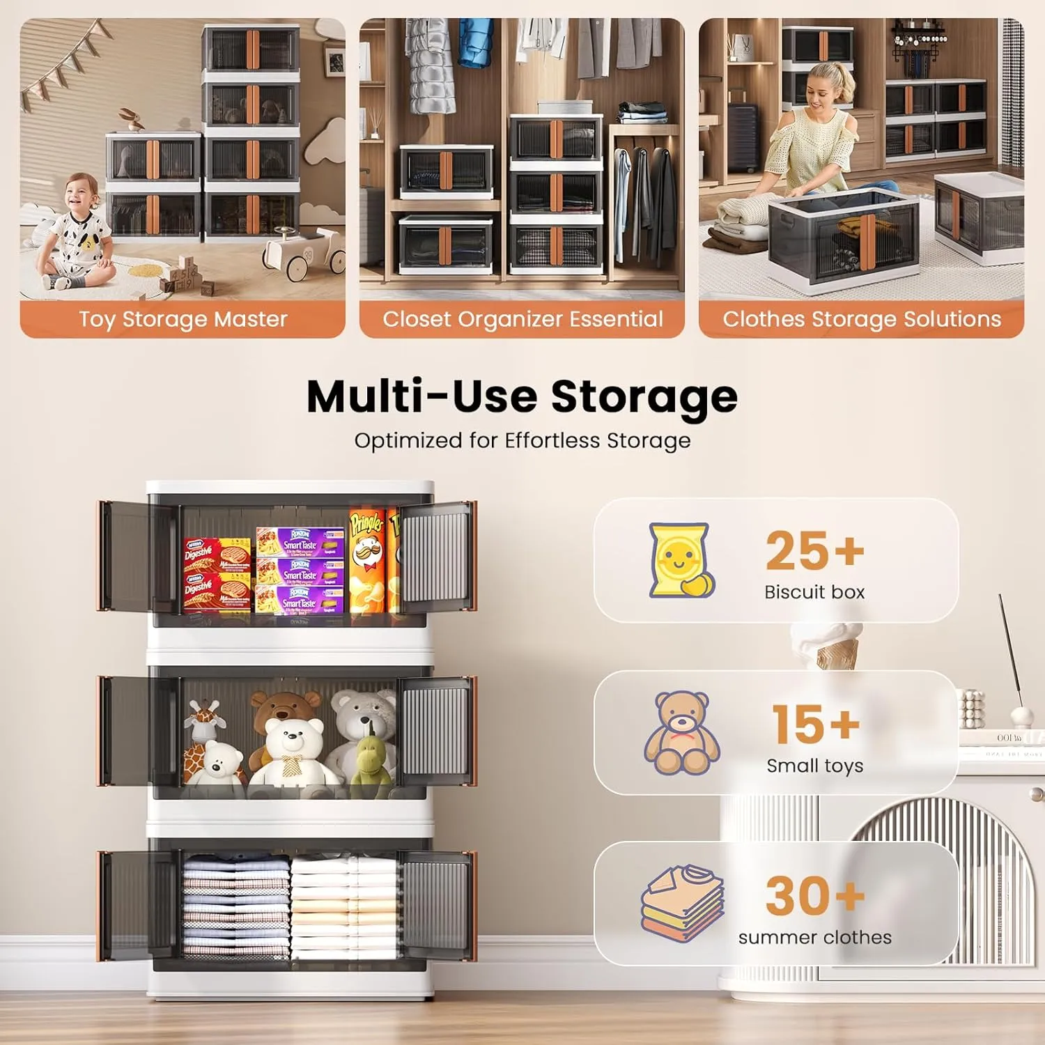 8.4Gal Collapsible Storage Bins with Lids & Wheels - 3 Pack Stackable with Doors, Heavy-Duty Plastic Containers for Home/Office, White