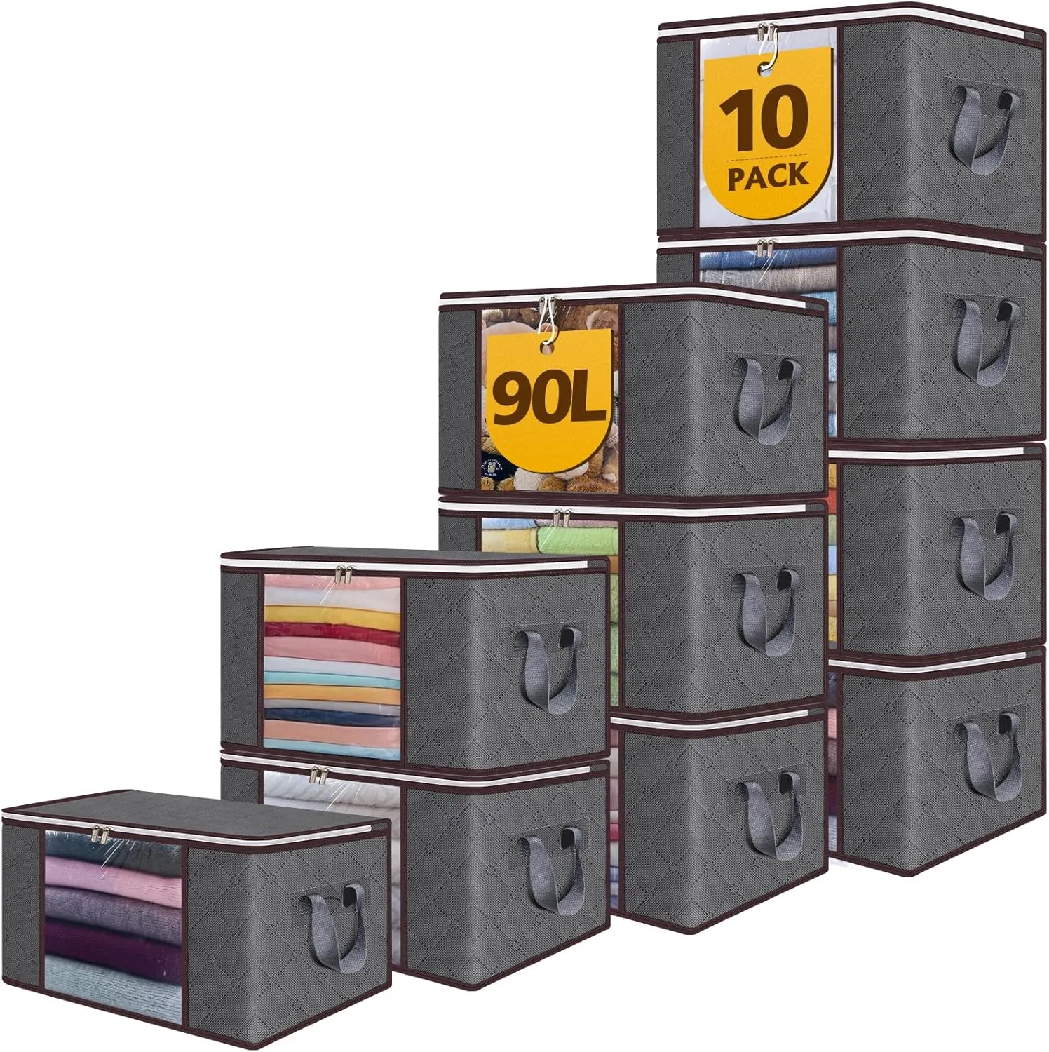 90L Large Storage Bags For Clothes,10 Pack Foldable Blanket Clothing With Lids And Handle,Grey Containers Organizers Bins Zipper Closet,Clothing,Comforters Blankets