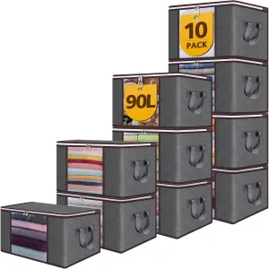90L Large Storage Bags For Clothes,10 Pack Foldable Blanket Clothing With Lids And Handle,Grey Containers Organizers Bins Zipper Closet,Clothing,Comforters Blankets