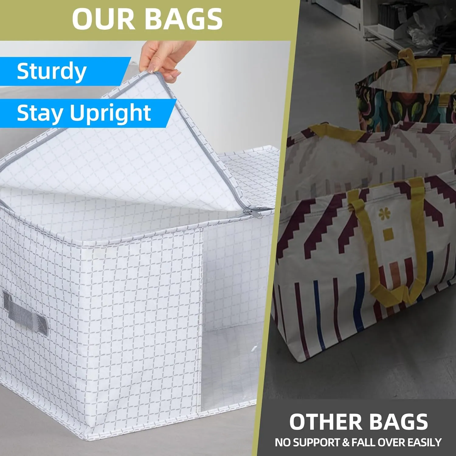 95L Large Freestanding Storage Bags, 3-Pack Waterproof Clothes Storage Bins Foldable Closet Organizers with 2 Durable Handles & Zipper for Blanket, Comforters, Bed Sheets, Pillows, Toys