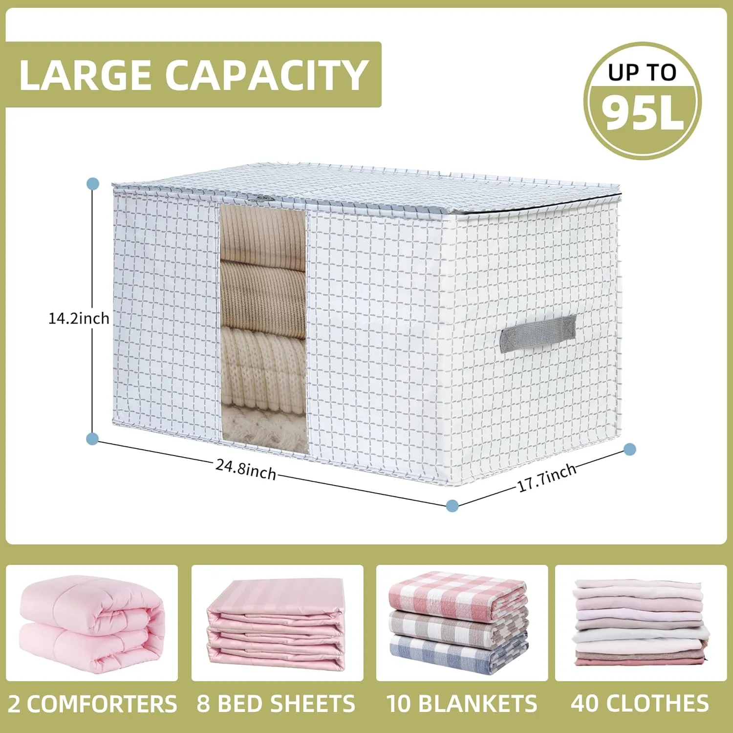 95L Large Freestanding Storage Bags, 3-Pack Waterproof Clothes Storage Bins Foldable Closet Organizers with 2 Durable Handles & Zipper for Blanket, Comforters, Bed Sheets, Pillows, Toys