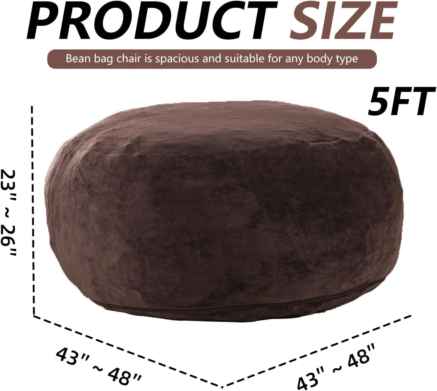 Adult bean bag，bean bag with filler included，5FT，soft memory foam chair，Removable flannel cover, suitable for reading chairs in bedrooms and dormitories.(Brown)