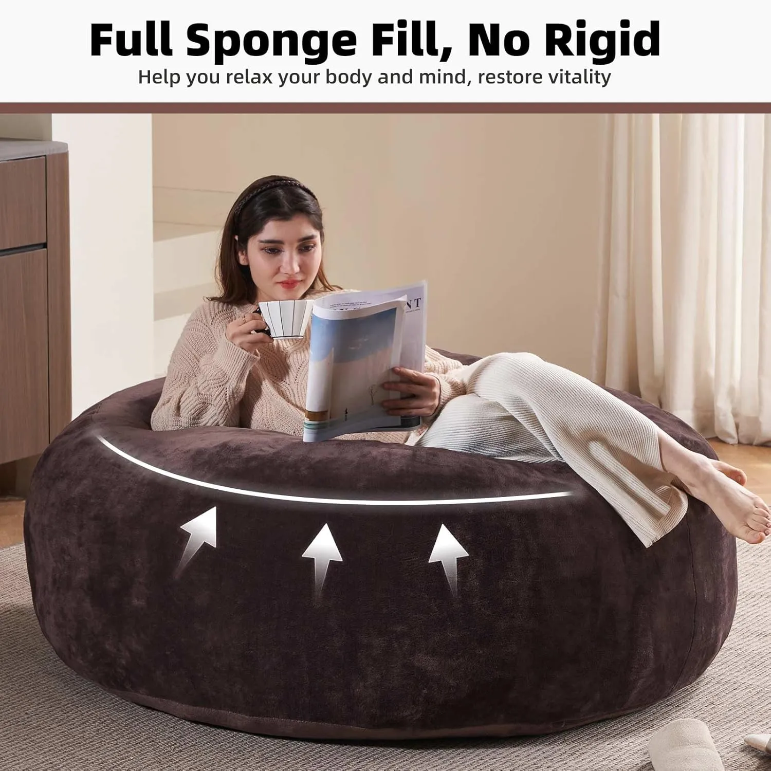Adult bean bag，bean bag with filler included，5FT，soft memory foam chair，Removable flannel cover, suitable for reading chairs in bedrooms and dormitories.(Brown)