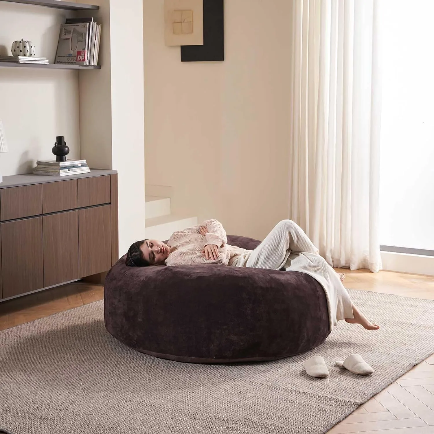 Adult bean bag，bean bag with filler included，5FT，soft memory foam chair，Removable flannel cover, suitable for reading chairs in bedrooms and dormitories.(Brown)