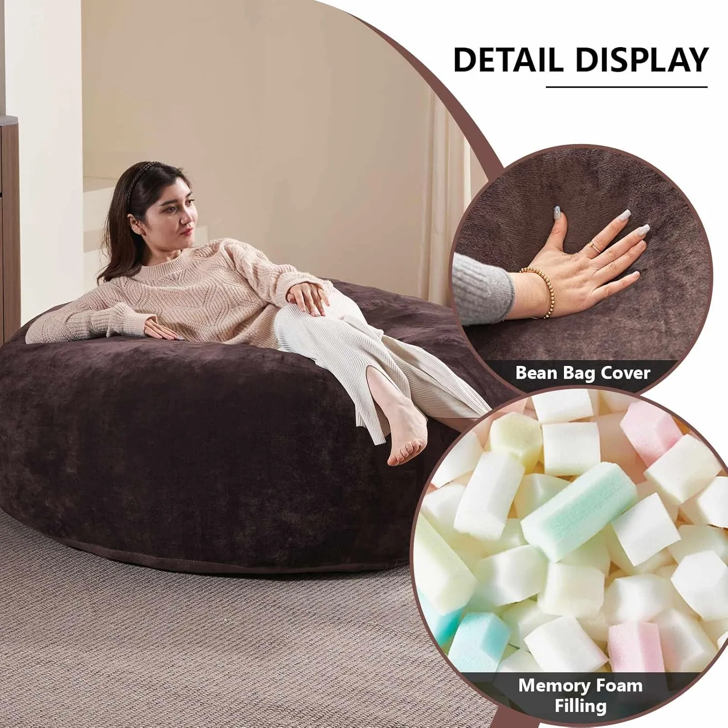 Adult bean bag，bean bag with filler included，5FT，soft memory foam chair，Removable flannel cover, suitable for reading chairs in bedrooms and dormitories.(Brown)