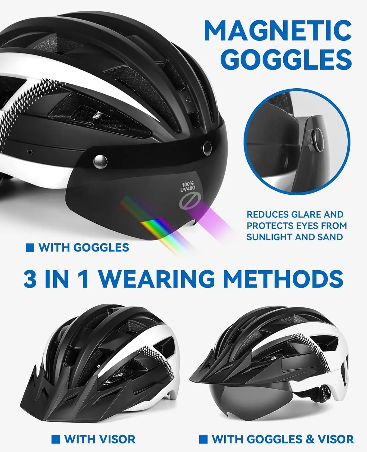 Adult Bike Helmet with Visor and Goggles for Men Women Mountain Road Bicycle Helmet Rechargeable Rear Light Cycling Helmet