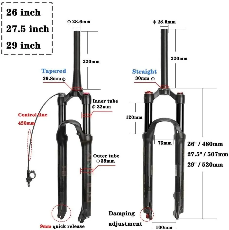 Air Suspension Fork 26/27.5/29 Inch, Rebound Adjust Travel 120mm XC Offroad Mountain Bike Forks QR 9mm