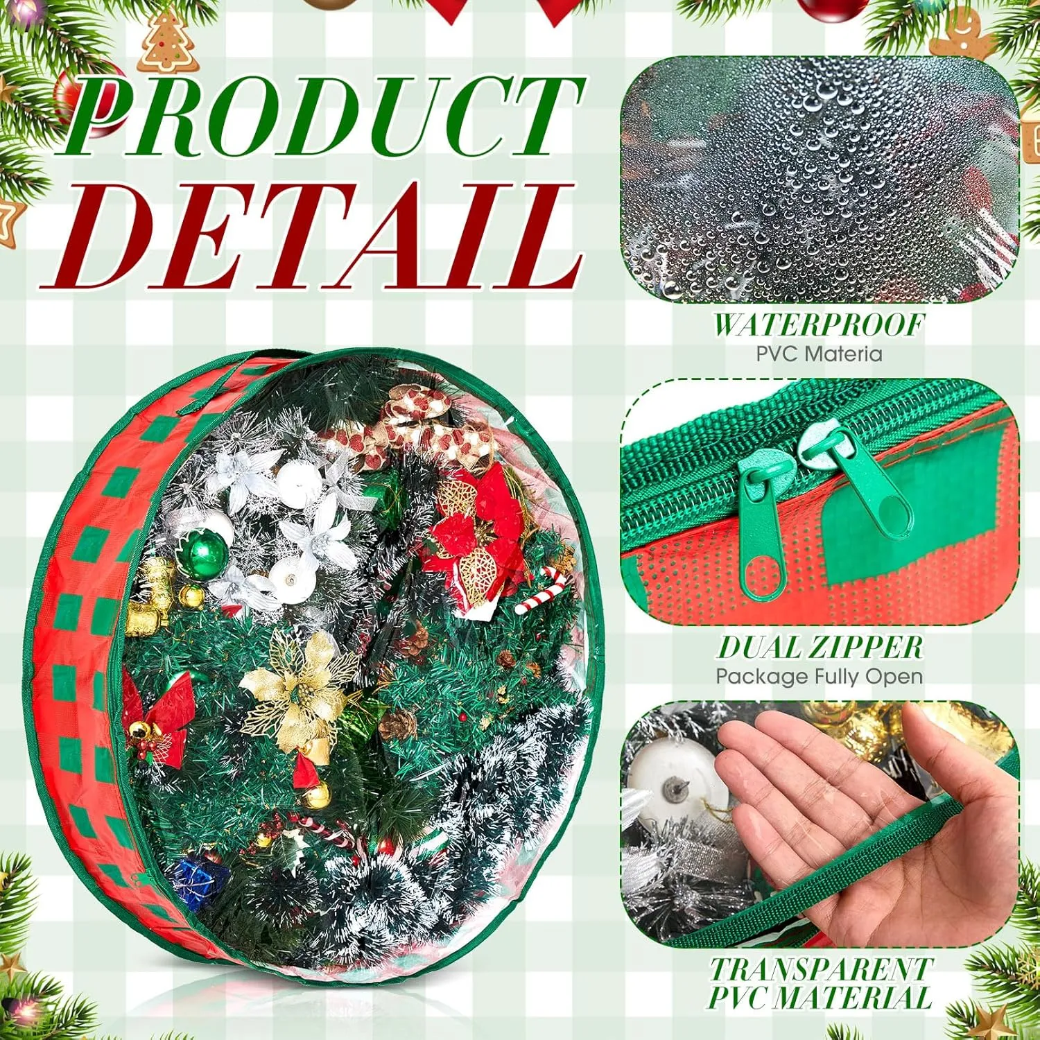 Aliceset 4 Pack Wreath Storage Containers, Storage Bags with Window and Handles, Durable Decoration Box Holder for Holiday(36 x 36 x 7.8 Inch,Red Green Plaid)