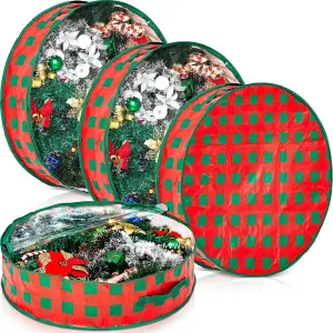 Aliceset 4 Pack Wreath Storage Containers, Storage Bags with Window and Handles, Durable Decoration Box Holder for Holiday(36 x 36 x 7.8 Inch,Red Green Plaid)