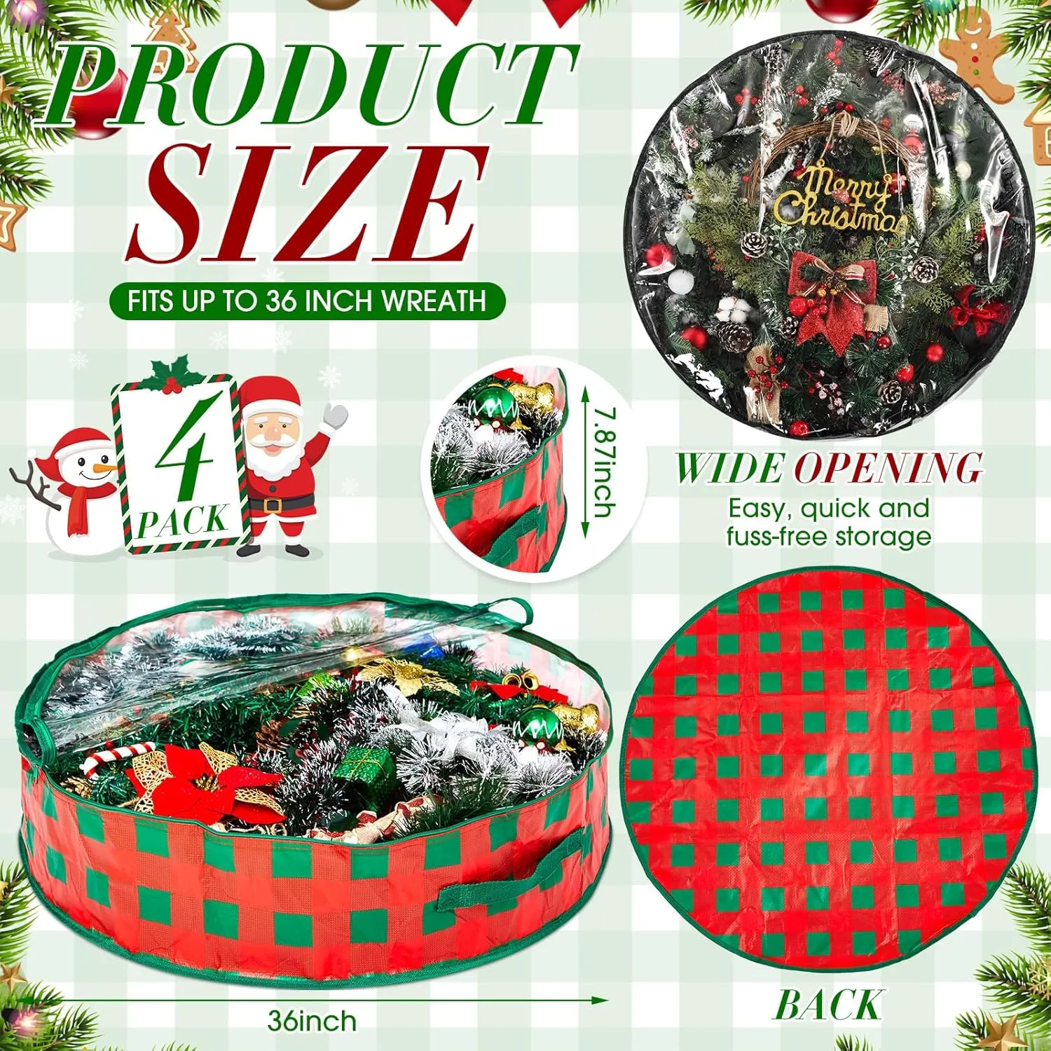 Aliceset 4 Pack Wreath Storage Containers, Storage Bags with Window and Handles, Durable Decoration Box Holder for Holiday(36 x 36 x 7.8 Inch,Red Green Plaid)