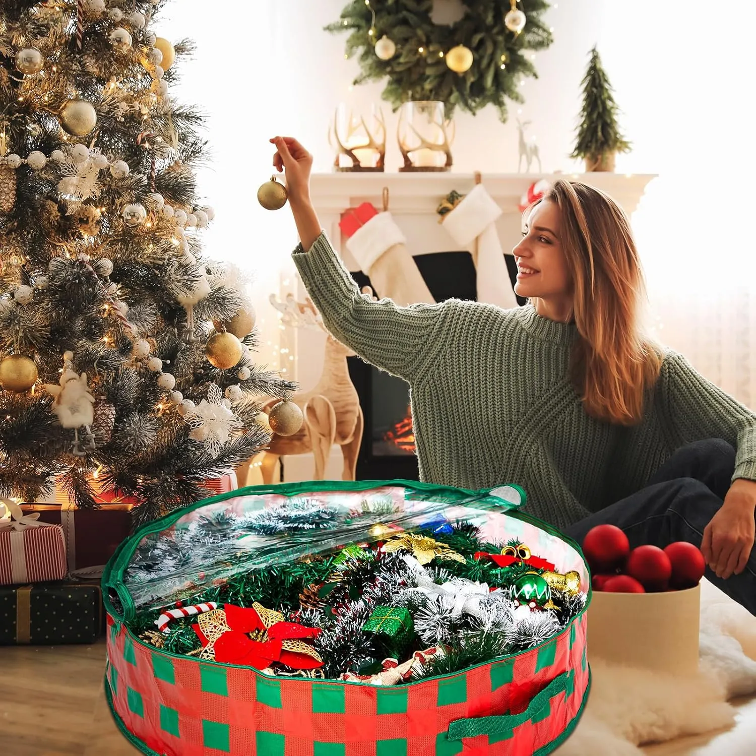 Aliceset 4 Pack Wreath Storage Containers, Storage Bags with Window and Handles, Durable Decoration Box Holder for Holiday(36 x 36 x 7.8 Inch,Red Green Plaid)
