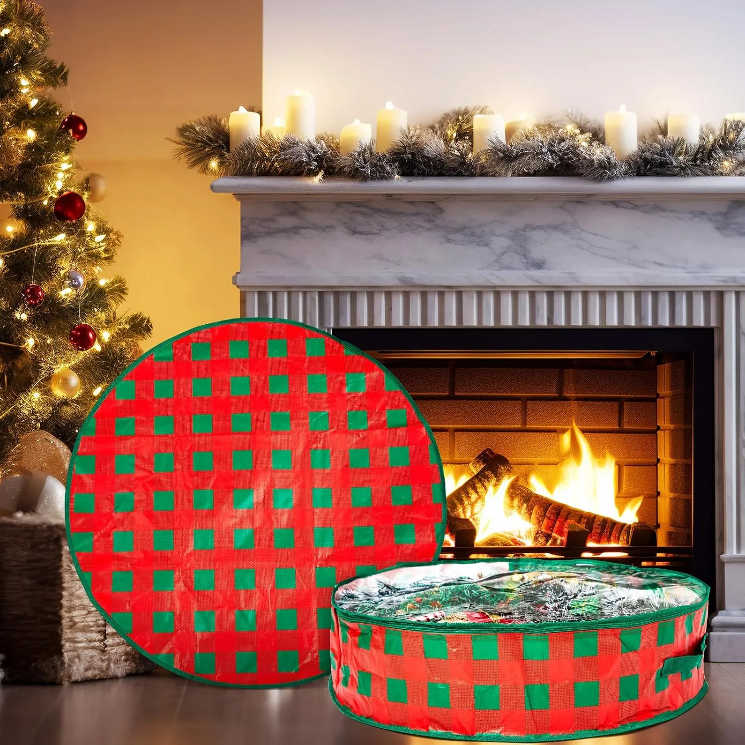 Aliceset 4 Pack Wreath Storage Containers, Storage Bags with Window and Handles, Durable Decoration Box Holder for Holiday(36 x 36 x 7.8 Inch,Red Green Plaid)