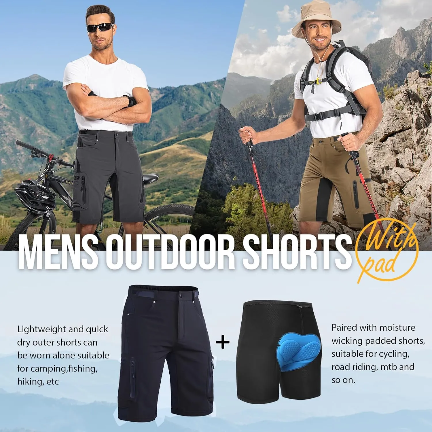 Ally Mens Mountain Bike Shorts 4D Padded Baggy Bicycle Cycling Biking Bike Shorts Lightweight Loose-fit