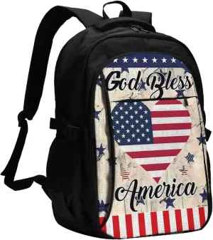American Flag Loves Heart God Bless Travel Backpack Laptop Backpacks Business Rucksack Outdoor Daypack Large Sport Bag with Luggage Strap USB Charging Port for Hiking Working