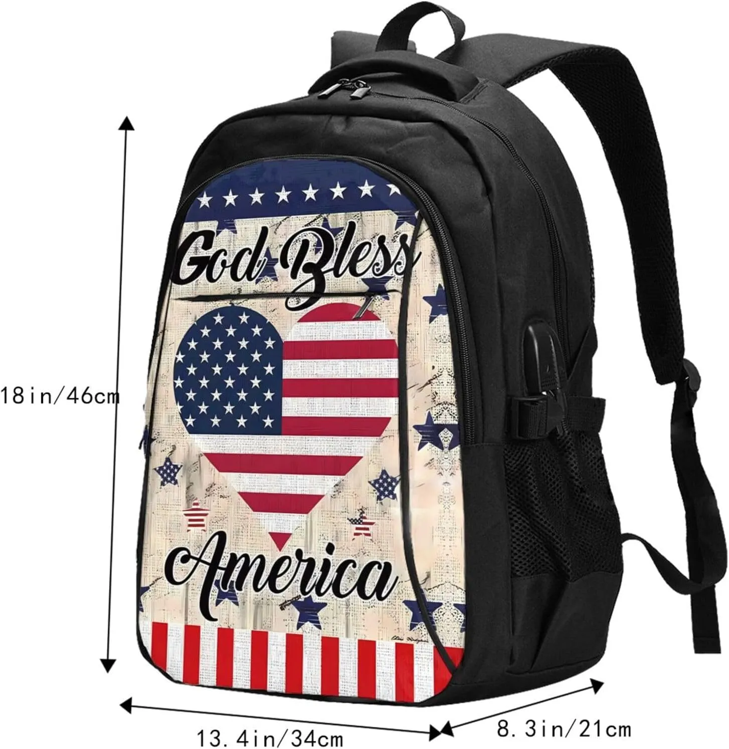 American Flag Loves Heart God Bless Travel Backpack Laptop Backpacks Business Rucksack Outdoor Daypack Large Sport Bag with Luggage Strap USB Charging Port for Hiking Working
