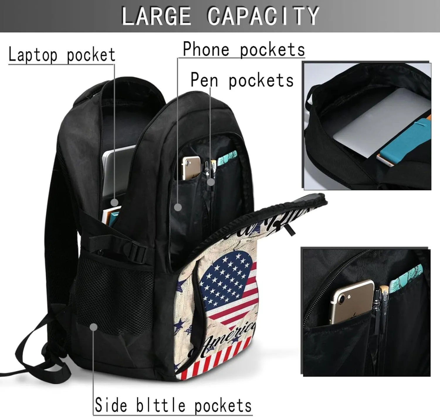 American Flag Loves Heart God Bless Travel Backpack Laptop Backpacks Business Rucksack Outdoor Daypack Large Sport Bag with Luggage Strap USB Charging Port for Hiking Working