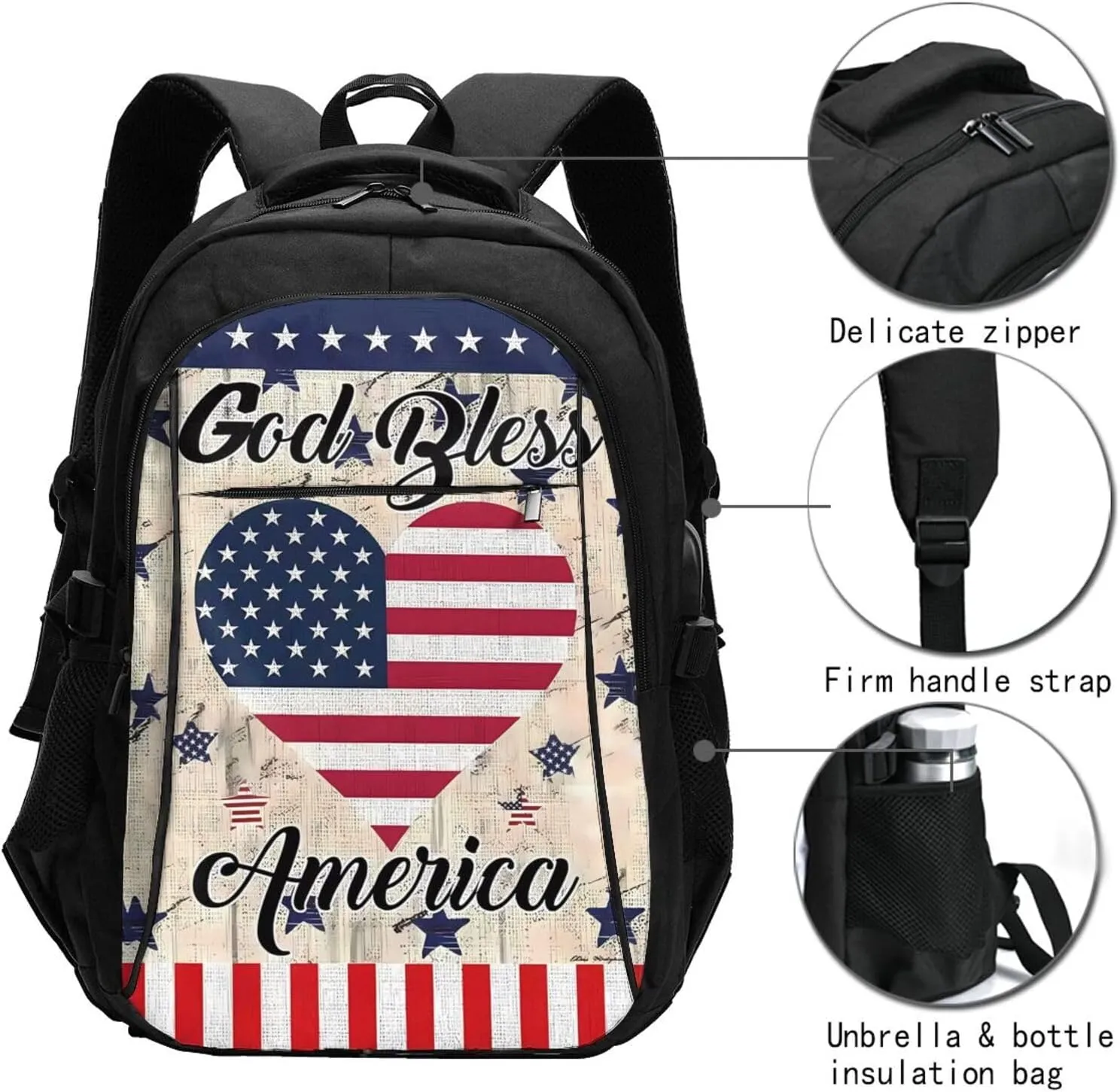 American Flag Loves Heart God Bless Travel Backpack Laptop Backpacks Business Rucksack Outdoor Daypack Large Sport Bag with Luggage Strap USB Charging Port for Hiking Working