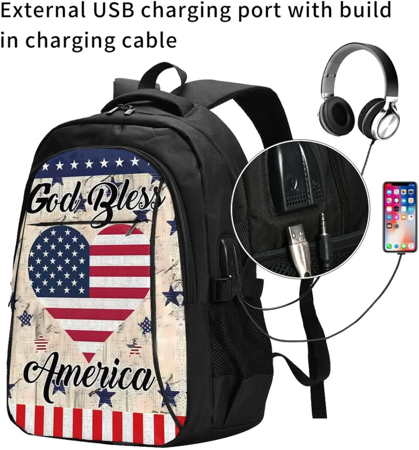 American Flag Loves Heart God Bless Travel Backpack Laptop Backpacks Business Rucksack Outdoor Daypack Large Sport Bag with Luggage Strap USB Charging Port for Hiking Working