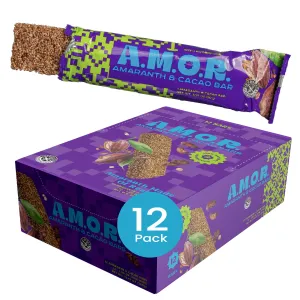 AMOR Amaranth Plant Based Snacks - Superfood Vegan Bars with Probiotics - Low Glycemic, Low Sugar, High Fiber Foods with Vitamins & Minerals - Gluten Free Nutrition Bar - Cacao 12 Pack