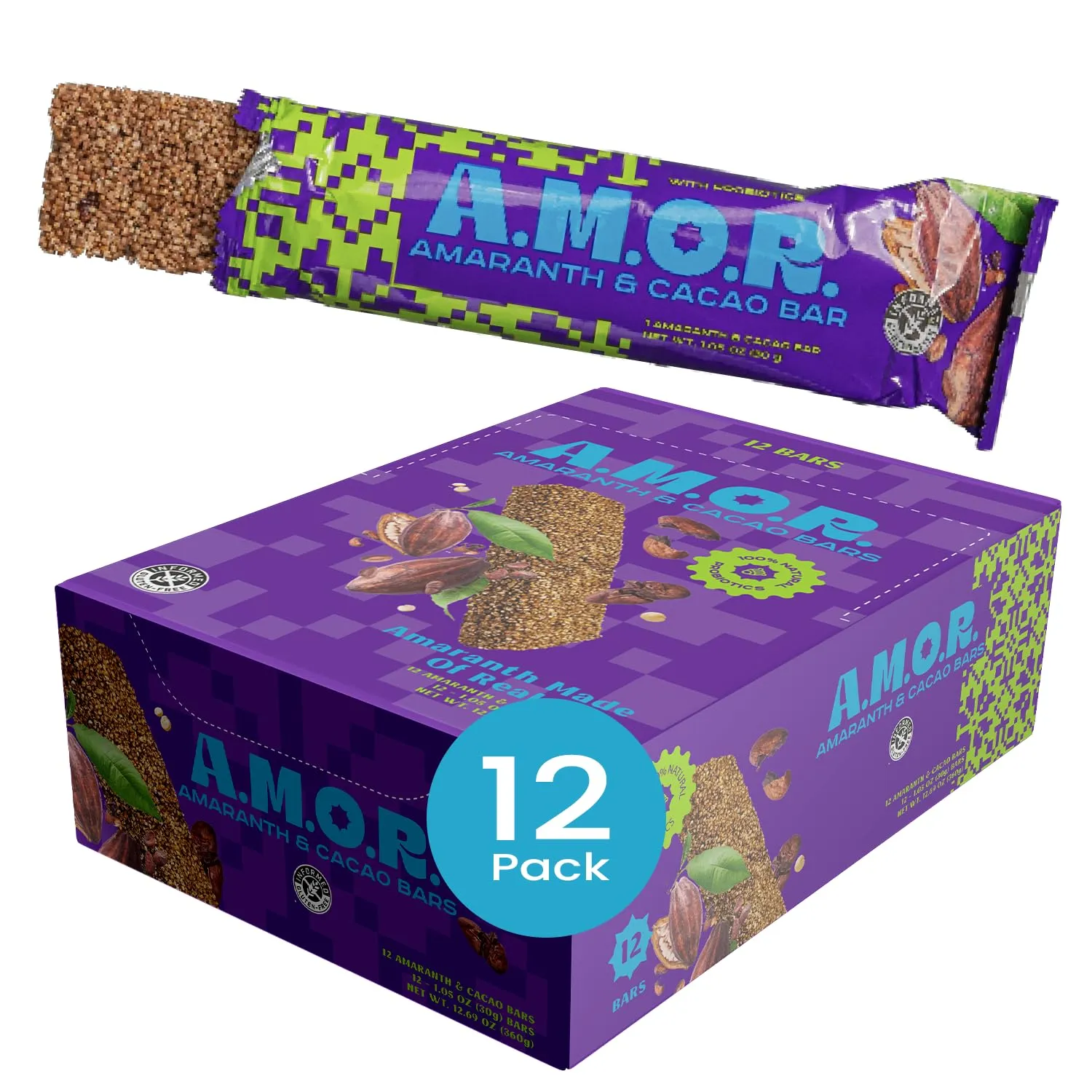 AMOR Amaranth Plant Based Snacks - Superfood Vegan Bars with Probiotics - Low Glycemic, Low Sugar, High Fiber Foods with Vitamins & Minerals - Gluten Free Nutrition Bar - Cacao 12 Pack