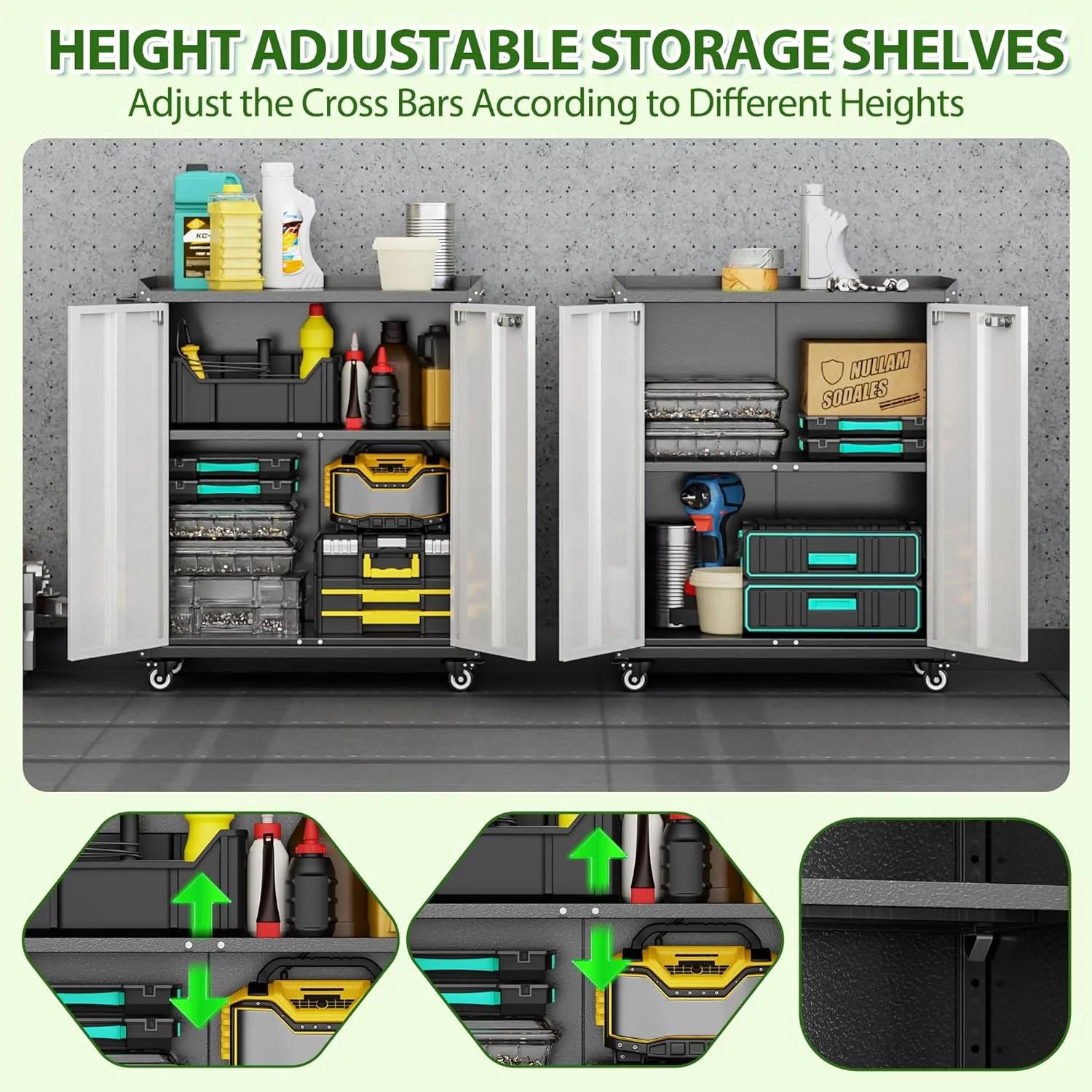 Aobabo 31.5" H Metal Garage Storage Cabinet with Wheels, Locking Steel Tool Storage Cabinet with 1 Shelves 2 Side Pegboards and 4 Hooks,Assembly Required, Black&Grey