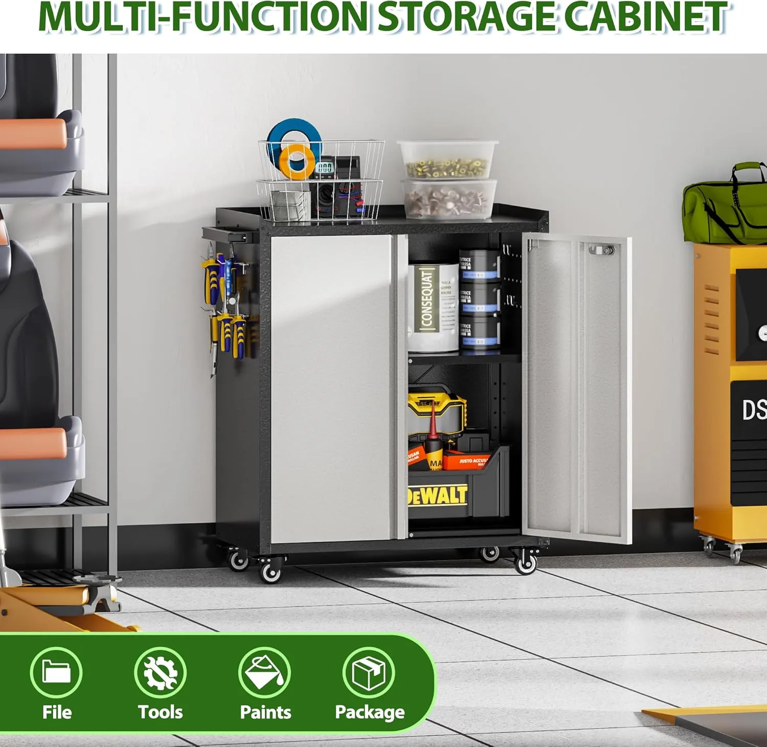 Aobabo 31.5" H Metal Garage Storage Cabinet with Wheels, Locking Steel Tool Storage Cabinet with 1 Shelves 2 Side Pegboards and 4 Hooks,Assembly Required, Black&Grey