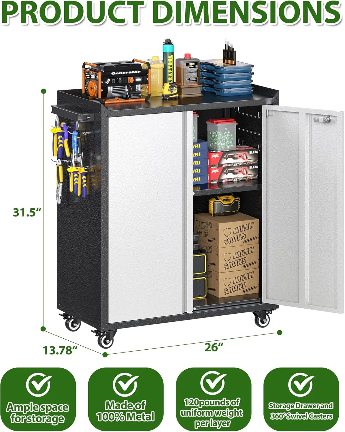 Aobabo 31.5" H Metal Garage Storage Cabinet with Wheels, Locking Steel Tool Storage Cabinet with 1 Shelves 2 Side Pegboards and 4 Hooks,Assembly Required, Black&Grey