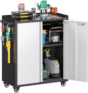 Aobabo 31.5" H Metal Garage Storage Cabinet with Wheels, Locking Steel Tool Storage Cabinet with 1 Shelves 2 Side Pegboards and 4 Hooks,Assembly Required, Black&Grey