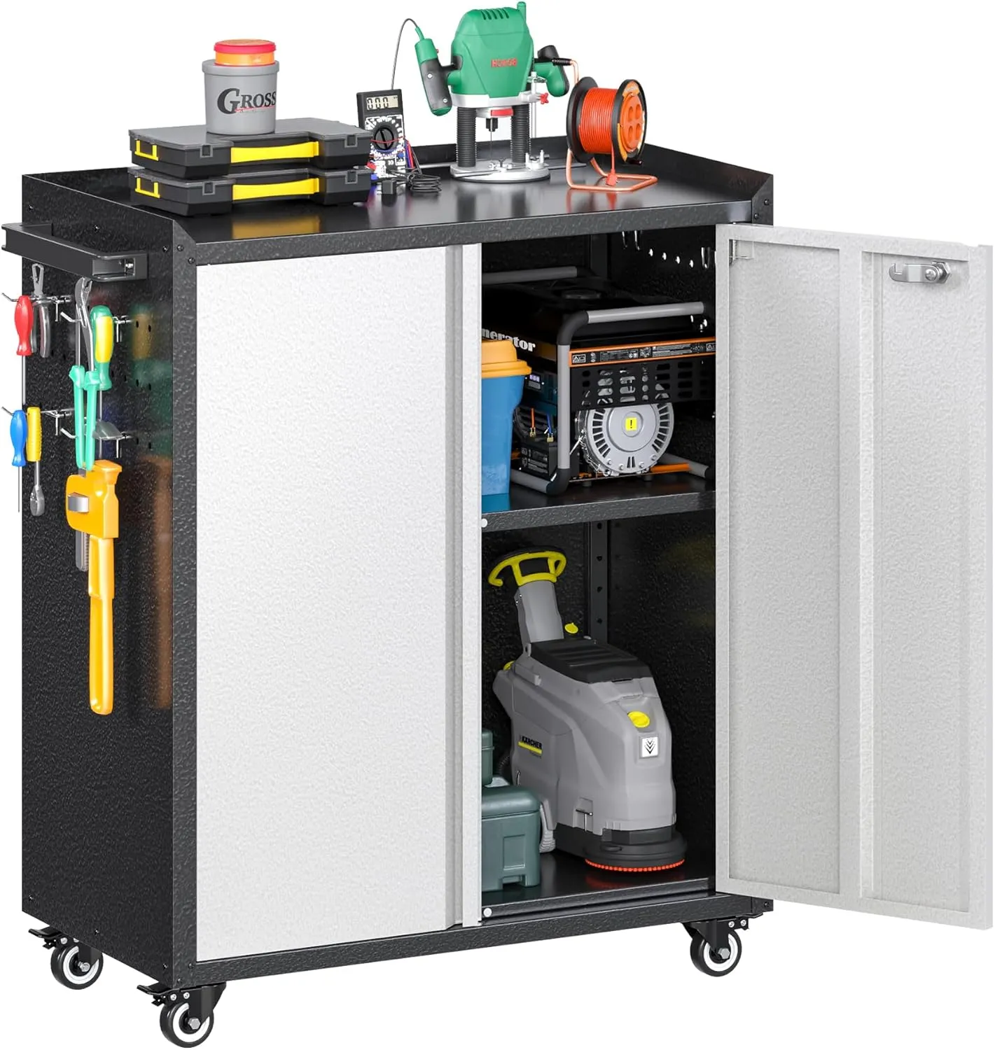 Aobabo 31.5" H Metal Garage Storage Cabinet with Wheels, Locking Steel Tool Storage Cabinet with 1 Shelves 2 Side Pegboards and 4 Hooks,Assembly Required, Black&Grey