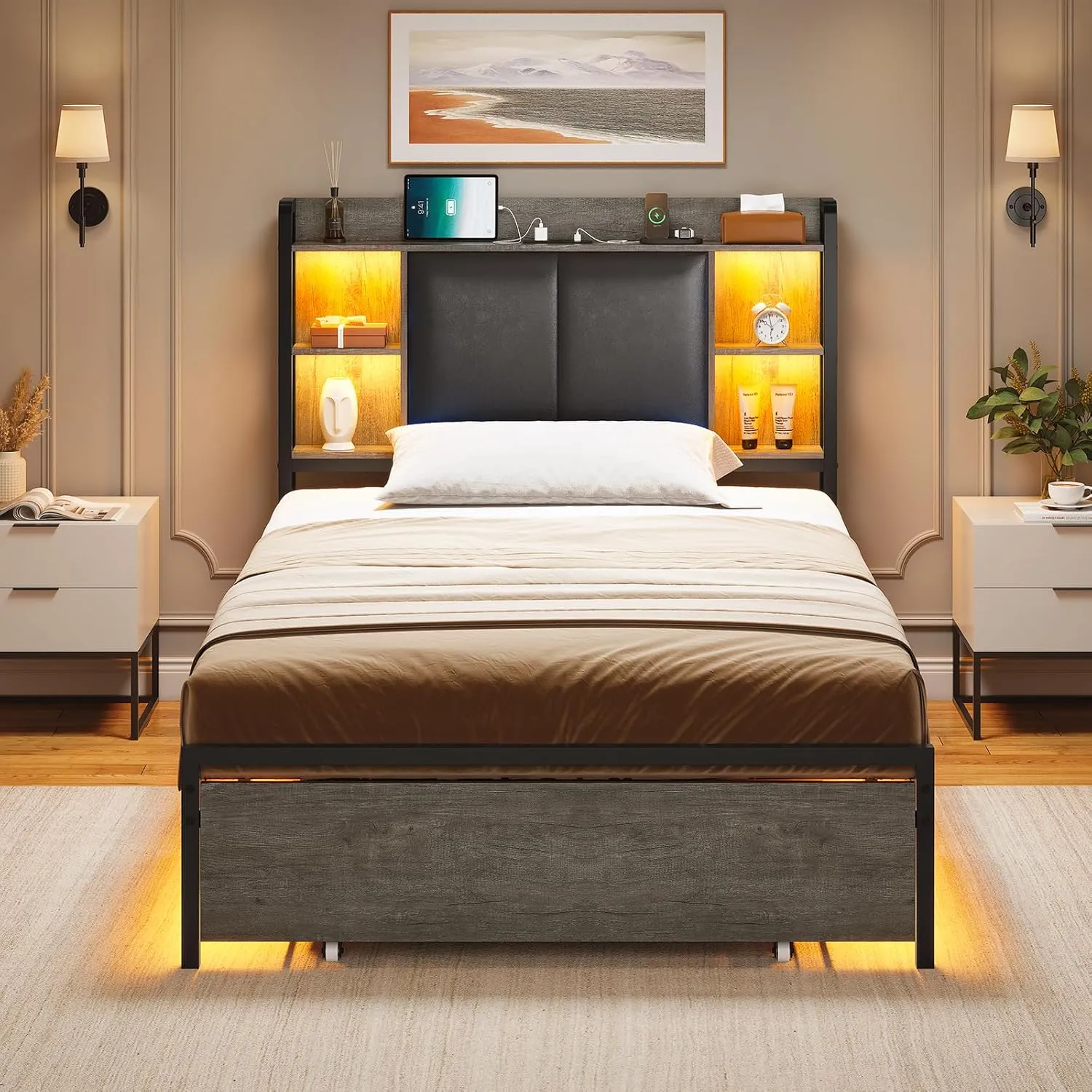 AOGLLATI Twin Bed Frames with Storage Drawers and Headboard, Twin Bed Frame with Charging Station and Led Lights, Modern Upholstered Led Bed Frame Twin,No Box Spring Needed, Black Oak