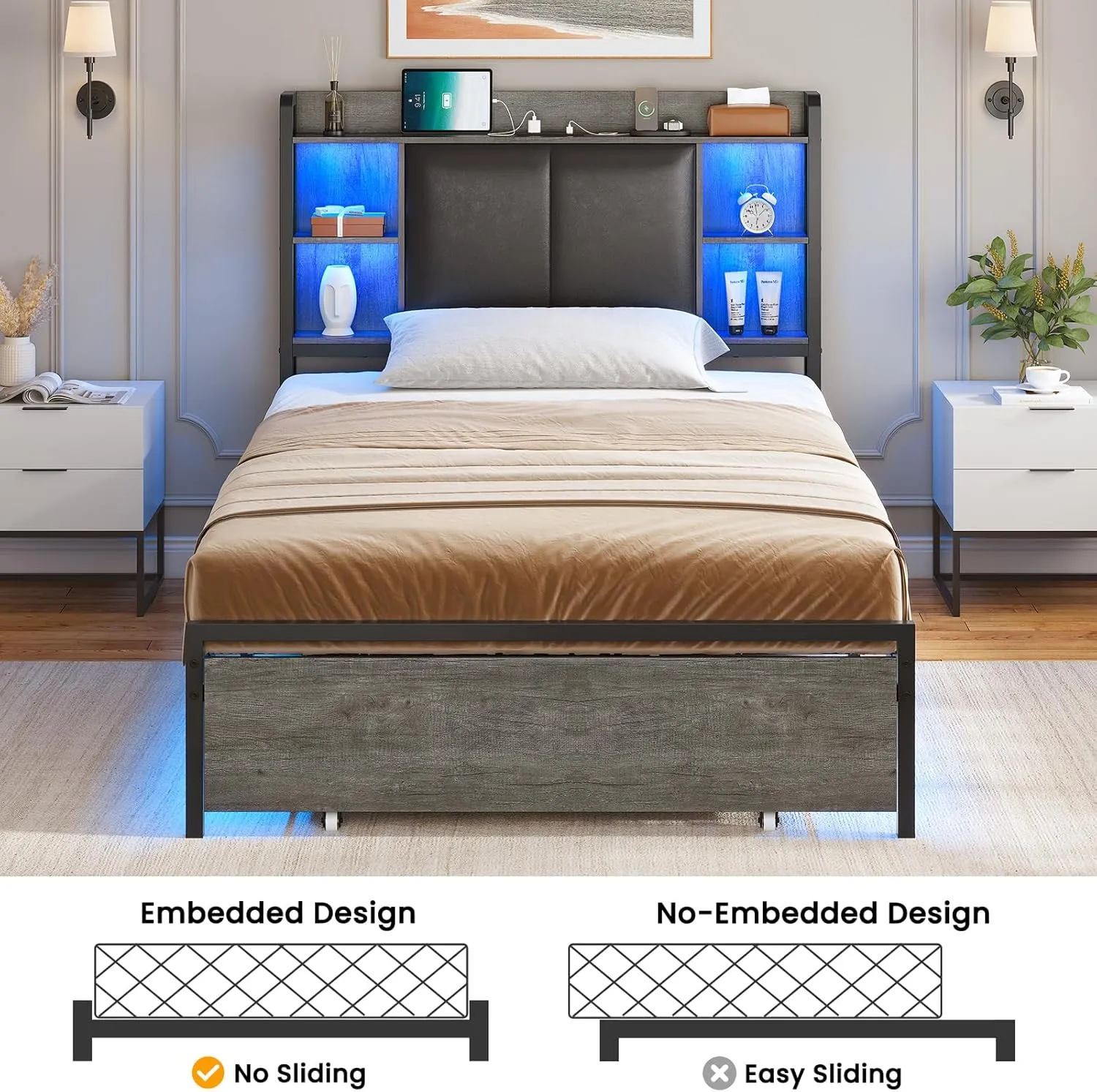 AOGLLATI Twin Bed Frames with Storage Drawers and Headboard, Twin Bed Frame with Charging Station and Led Lights, Modern Upholstered Led Bed Frame Twin,No Box Spring Needed, Black Oak