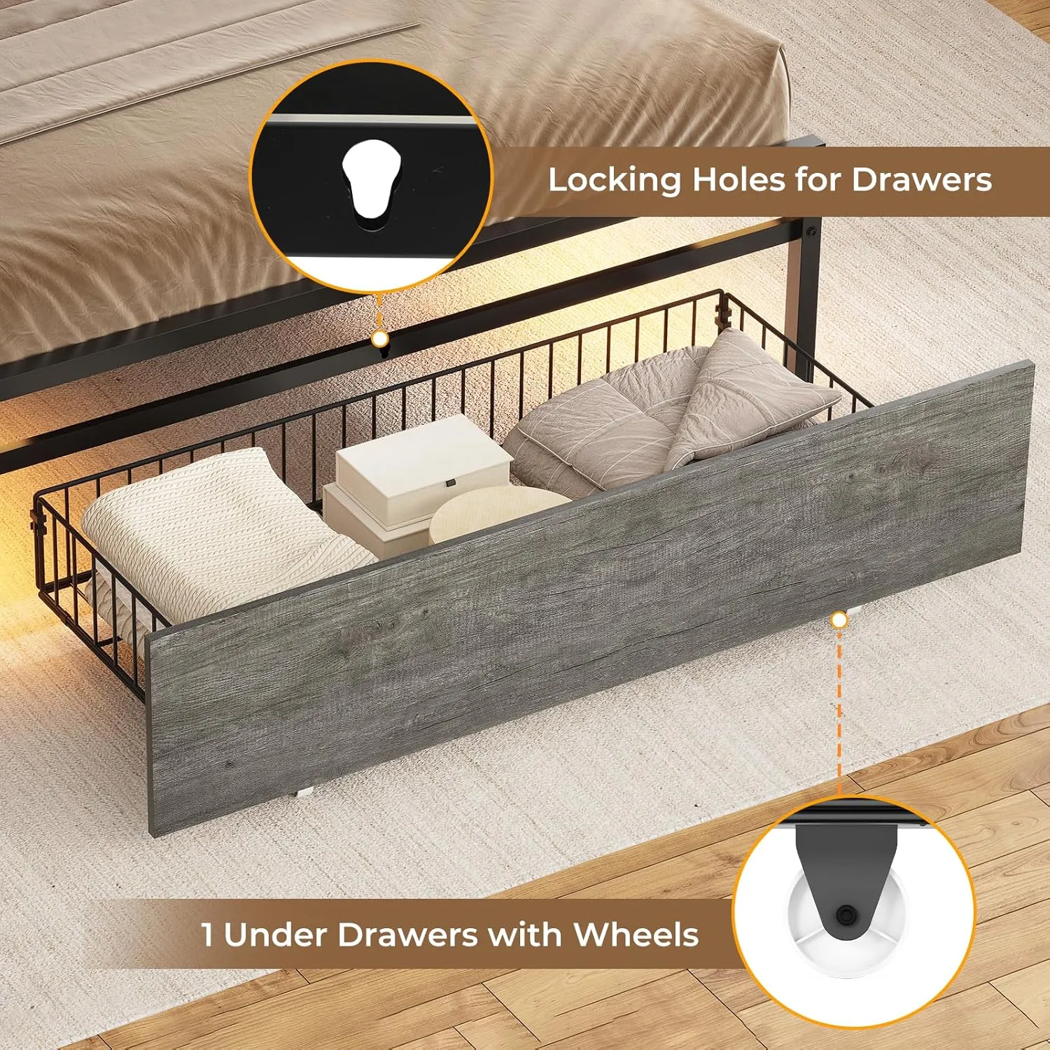 AOGLLATI Twin Bed Frames with Storage Drawers and Headboard, Twin Bed Frame with Charging Station and Led Lights, Modern Upholstered Led Bed Frame Twin,No Box Spring Needed, Black Oak