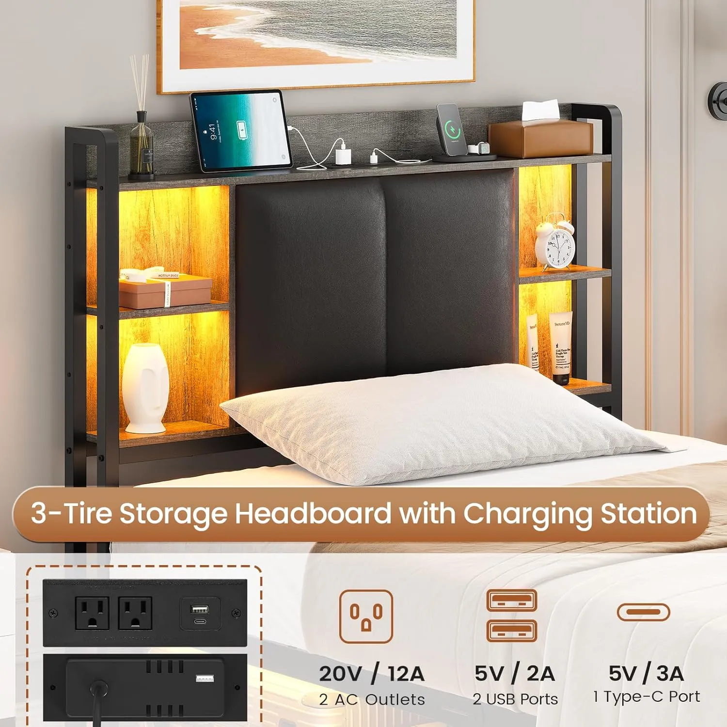 AOGLLATI Twin Bed Frames with Storage Drawers and Headboard, Twin Bed Frame with Charging Station and Led Lights, Modern Upholstered Led Bed Frame Twin,No Box Spring Needed, Black Oak