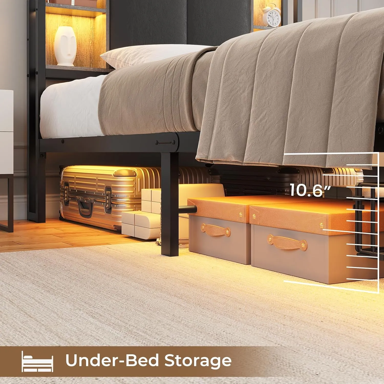 AOGLLATI Twin Bed Frames with Storage Drawers and Headboard, Twin Bed Frame with Charging Station and Led Lights, Modern Upholstered Led Bed Frame Twin,No Box Spring Needed, Black Oak