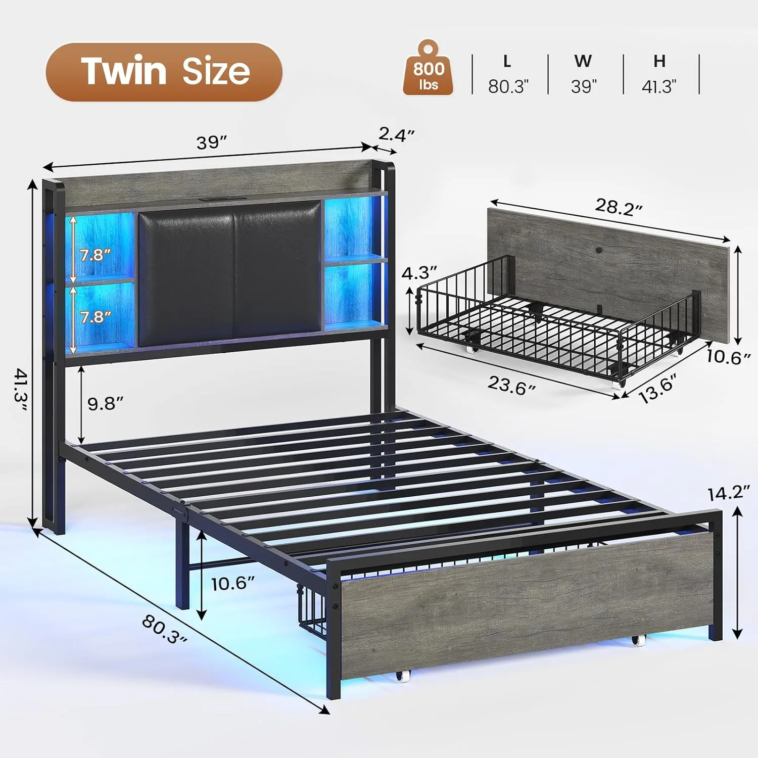 AOGLLATI Twin Bed Frames with Storage Drawers and Headboard, Twin Bed Frame with Charging Station and Led Lights, Modern Upholstered Led Bed Frame Twin,No Box Spring Needed, Black Oak
