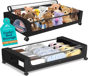 APSARAS Under Bed Storage with Wheels, Underbed Storage Containers with Clear Window, Rolling Drawers & Bins for Shoes Clothes in Dorm Bedroom, Easy Pull-out Black 2-Pack- Space-Saving