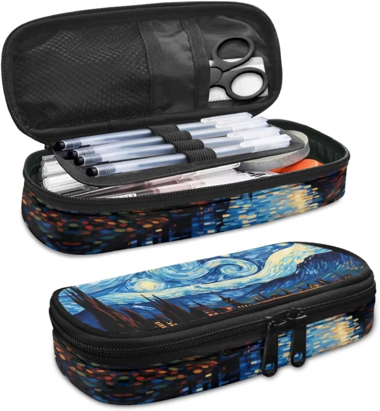 Art Starry Sky Backpacks for School Girls with Lunch Box Container for Kids 8th Grade Kawaii Pencil Box and Leather Bookmarks 4 Pcs Set Bookbag with Compartment for School