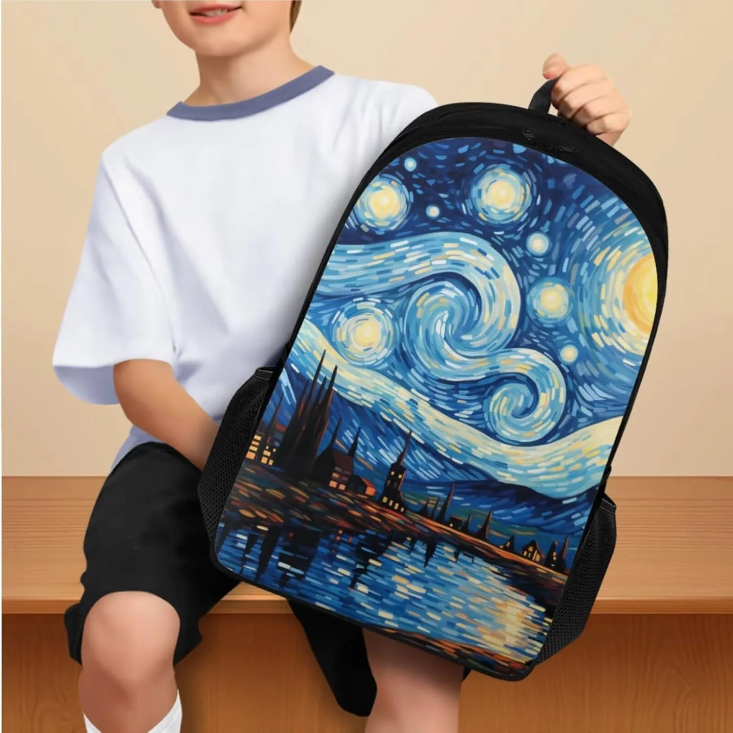 Art Starry Sky Backpacks for School Girls with Lunch Box Container for Kids 8th Grade Kawaii Pencil Box and Leather Bookmarks 4 Pcs Set Bookbag with Compartment for School
