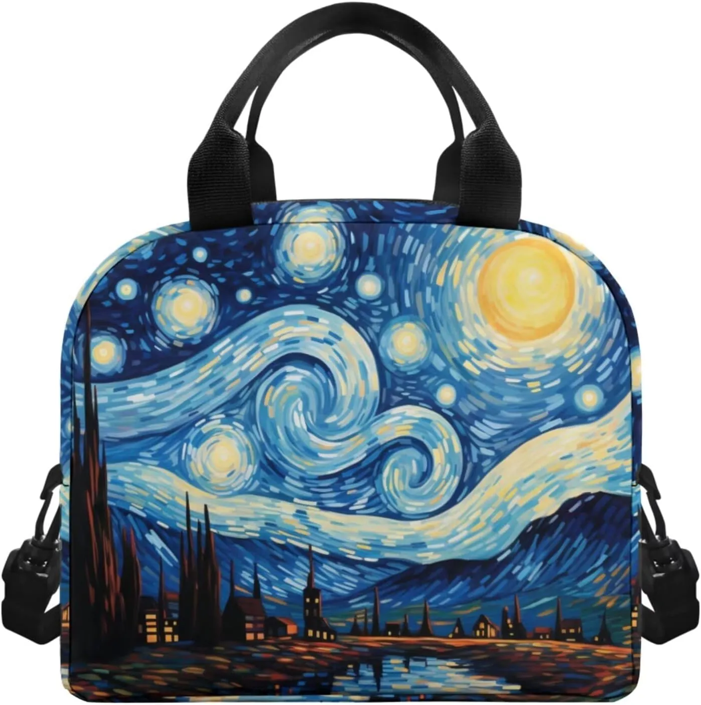Art Starry Sky Backpacks for School Girls with Lunch Box Container for Kids 8th Grade Kawaii Pencil Box and Leather Bookmarks 4 Pcs Set Bookbag with Compartment for School