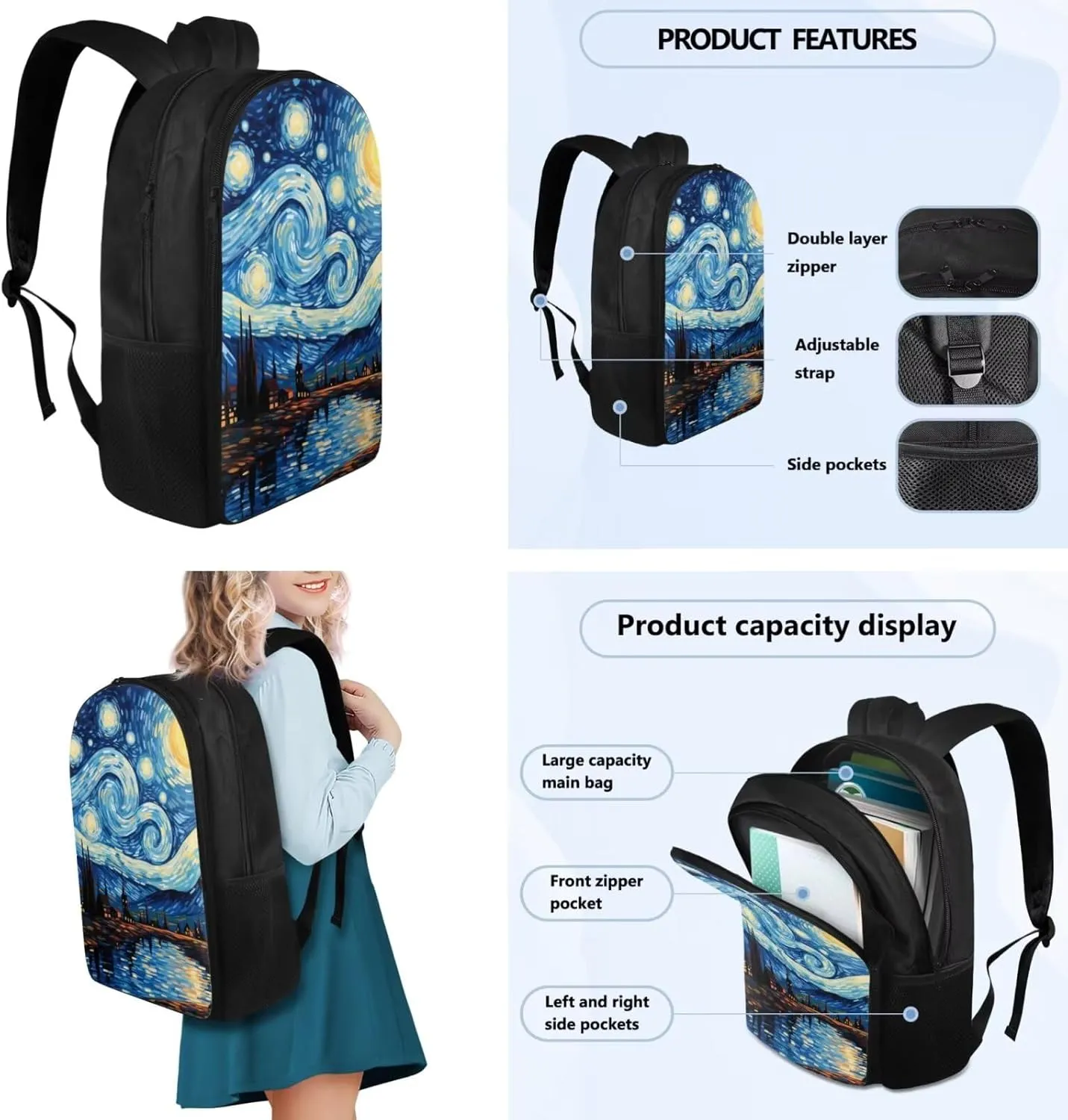 Art Starry Sky Backpacks for School Girls with Lunch Box Container for Kids 8th Grade Kawaii Pencil Box and Leather Bookmarks 4 Pcs Set Bookbag with Compartment for School
