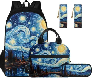 Art Starry Sky Backpacks for School Girls with Lunch Box Container for Kids 8th Grade Kawaii Pencil Box and Leather Bookmarks 4 Pcs Set Bookbag with Compartment for School