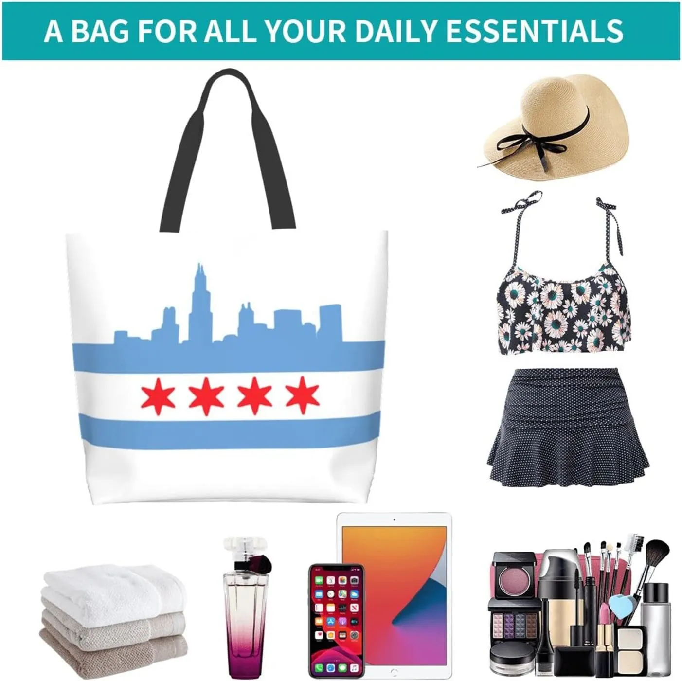 ASYG Chicago Shoulder Bag Chicago Flag Bags Storage Handle Shopping Bag Portable Chicago Bag