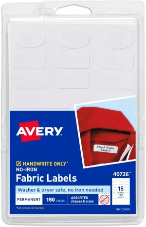 Avery No-Iron Fabric Labels, Assorted Shapes and Sizes, Washer and Dryer-Safe Waterproof Labels, Non-Printable, 150 Total (40726)