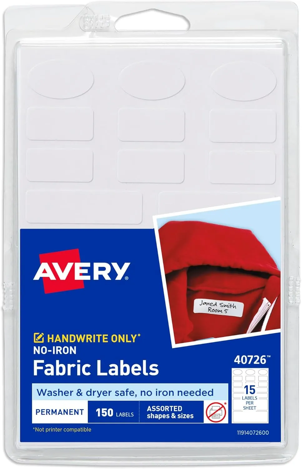 Avery No-Iron Fabric Labels, Assorted Shapes and Sizes, Washer and Dryer-Safe Waterproof Labels, Non-Printable, 150 Total (40726)