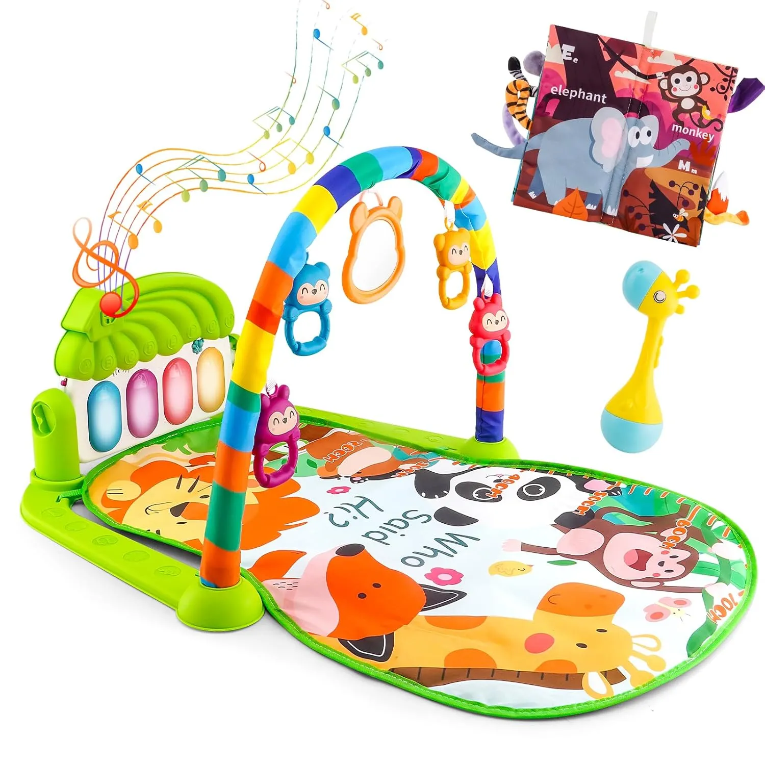 Baby Piano mat Kick and Play Multifunction Gym Play mat,Tummy time mat Baby Kicking Toys for feet with Pendant Rattle,Animal Shape Maracas,Playmate for Baby (Green)