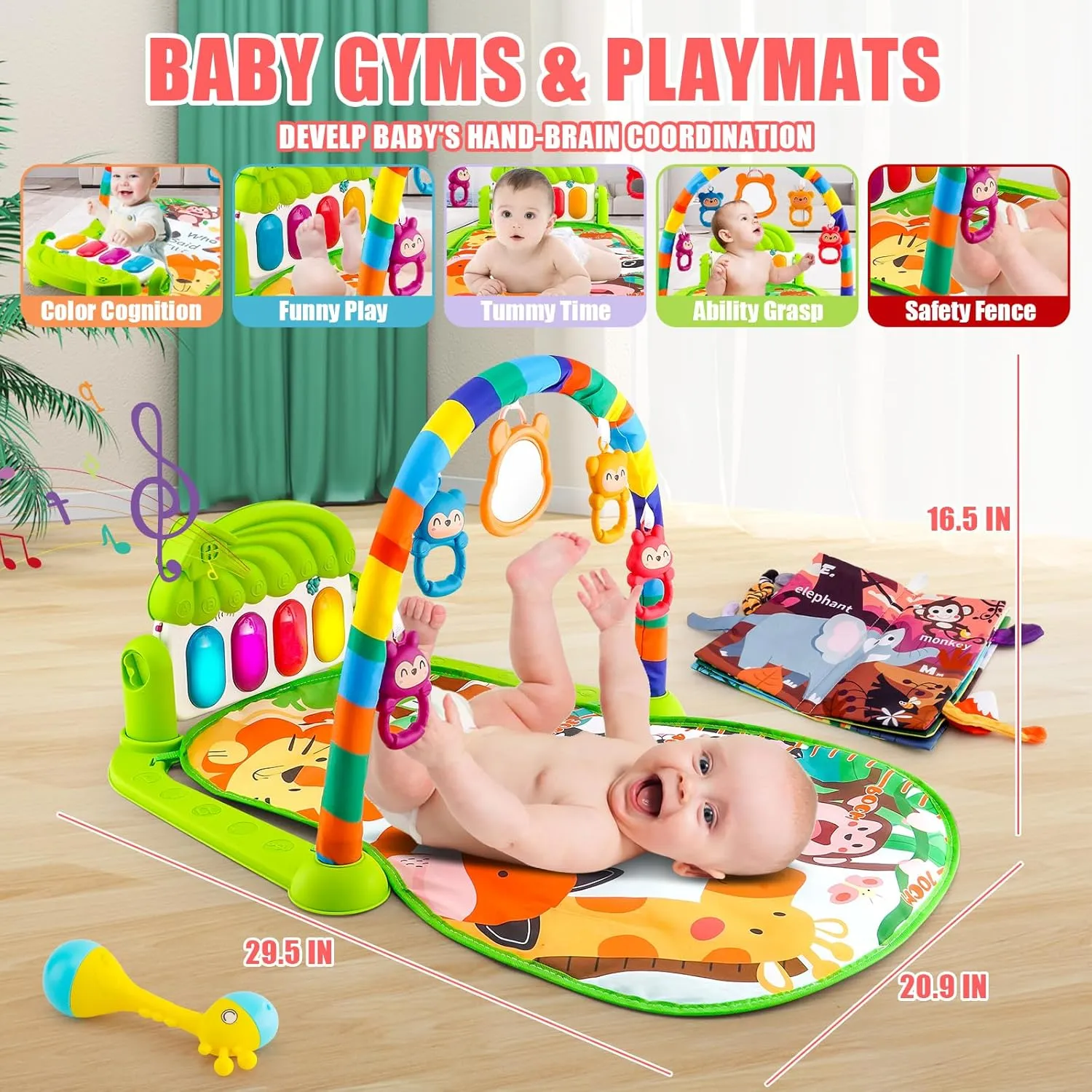 Baby Piano mat Kick and Play Multifunction Gym Play mat,Tummy time mat Baby Kicking Toys for feet with Pendant Rattle,Animal Shape Maracas,Playmate for Baby (Green)